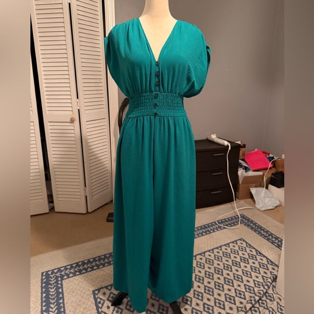 Calvin Klein Teal V-Neck Smocked Waist jumper